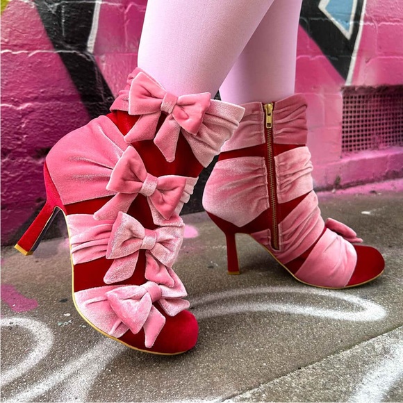 Irregular Choice Unwrap Me Pink and Red Velvet Boots - Picture 1 of 12